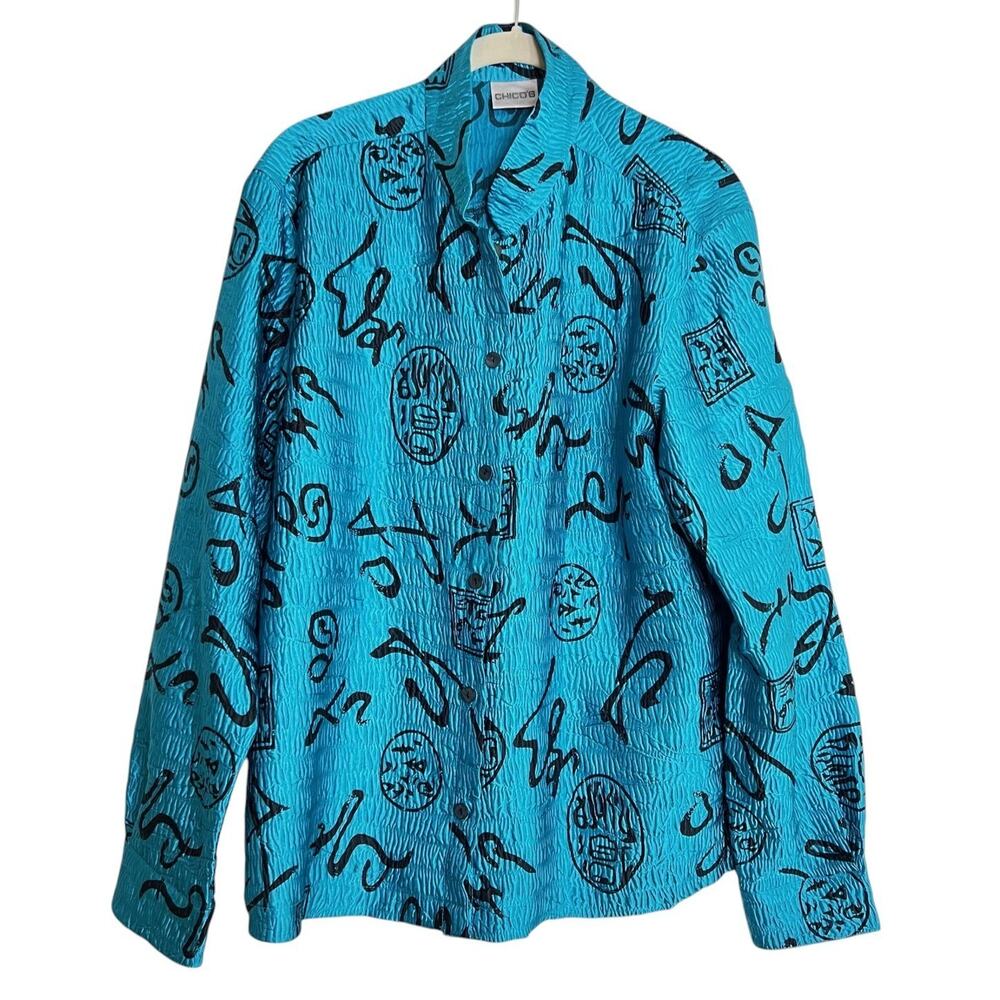 Chicos Womens Asian Inspired Blouse Size 1 M Turquoise Abstract Crinkle Shirt